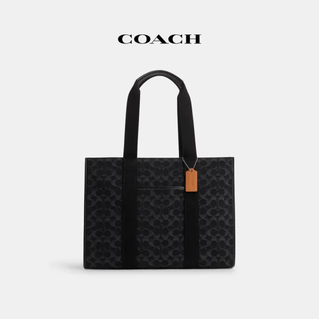 COACH】官方直營SMITH經典Logo丹寧布大號托特手袋-SV/黑色(CQ672 