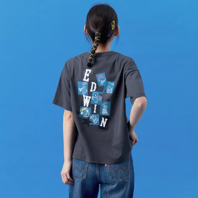 【EDWIN】女裝 BT21拼貼牛仔紋短袖T恤(暗灰色)