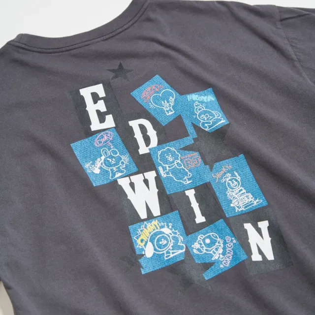【EDWIN】女裝 BT21拼貼牛仔紋短袖T恤(暗灰色)