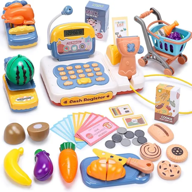 【CuteStone】兒童仿真聲光收銀機切切樂55件套裝玩具