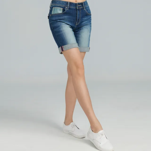 【BOBSON】女款低腰配皮料線色中長褲(250-53)