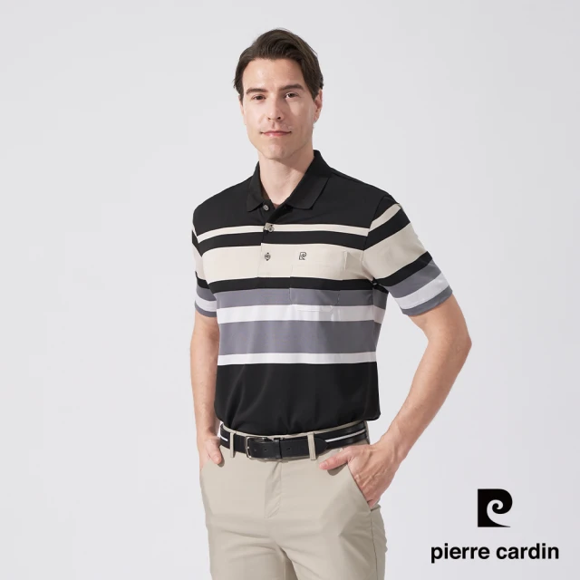 pierre cardin 皮爾卡登 商務休閒 男款 TOP定位橫條短袖POLO衫-黑色(5247289-99)