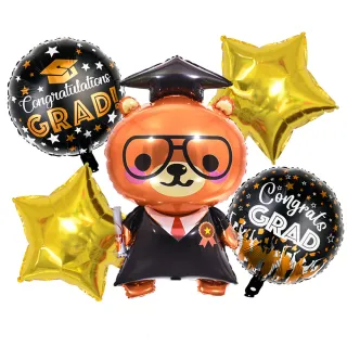 【六分埔禮品】畢業鋁質氣球5件套-畢業熊(Ins幼兒園畢業禮物可愛小熊畢業熊學士帽)