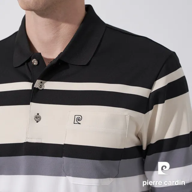 【pierre cardin 皮爾卡登】休閒服飾 男款 TOP定位橫條短袖POLO衫-黑色(5247289-99)