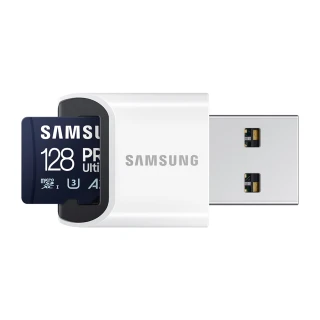 【SAMSUNG 三星】PRO Ultimate microSDXC UHS-I U3 A2 V30 128GB記憶卡 含高速讀卡機 公司貨(MB-MY128SB)