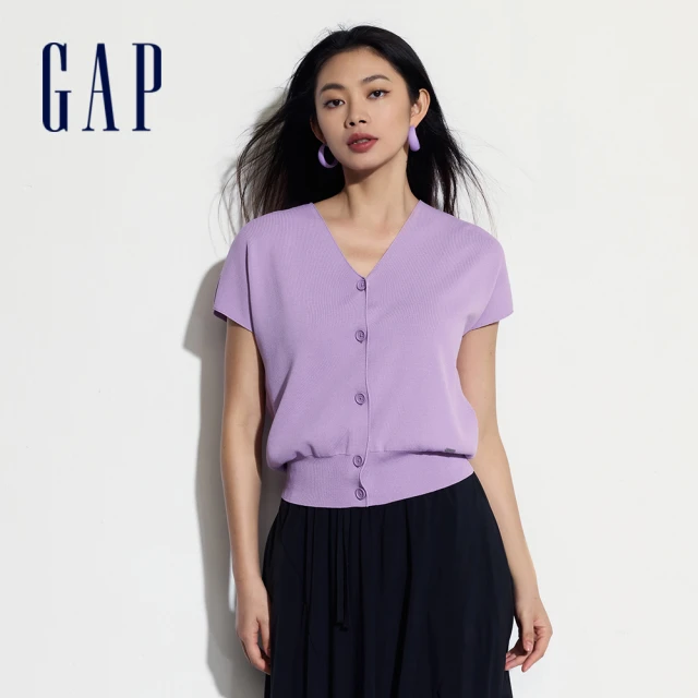 GAP 女裝 V領針織短袖外套-紫色(464904)