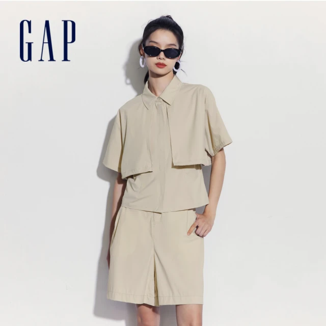 【GAP】女裝 拼接翻領短袖襯衫-淺卡其(464829)