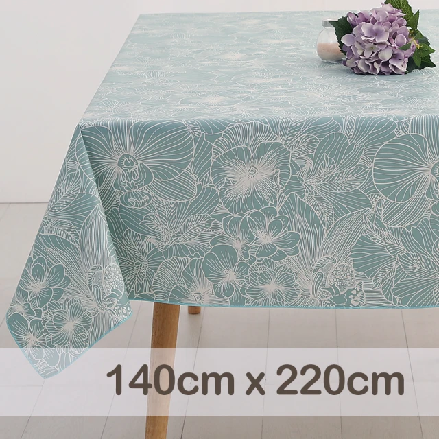 CasaBella 美麗家居 防水桌巾 湖綠三色堇 140x220cm(防水 防油 PVC 桌巾 桌布 野餐桌巾)