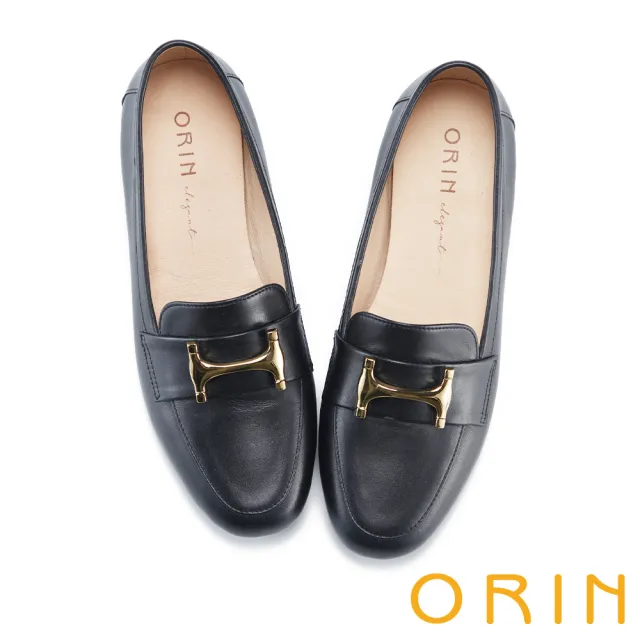 【ORIN】Ｈ字飾釦真皮樂福平底鞋(黑色)