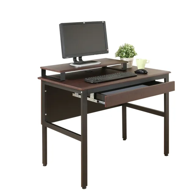 【DFhouse】頂楓90公分電腦辦公桌+一抽+桌上架-黑橡木色