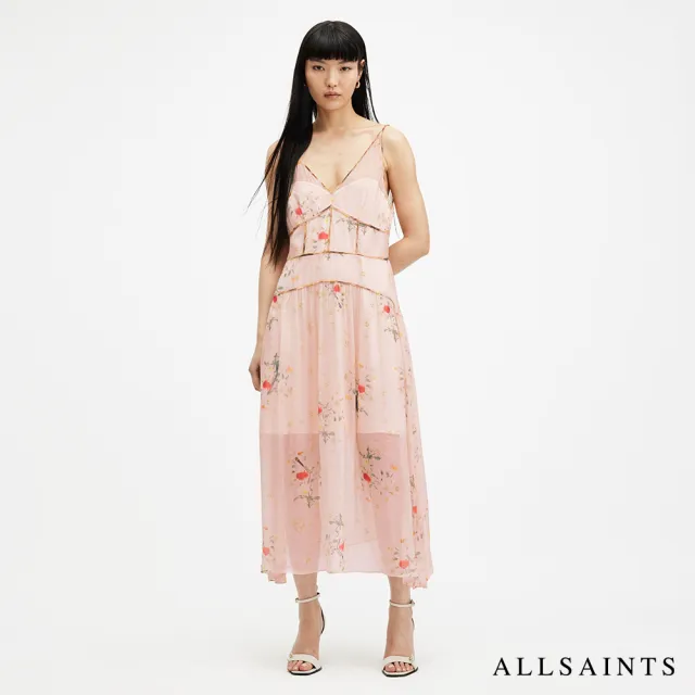 【ALLSAINTS】SAFFRON KORA 人造絲花卉印花中長版洋裝(修身版型)