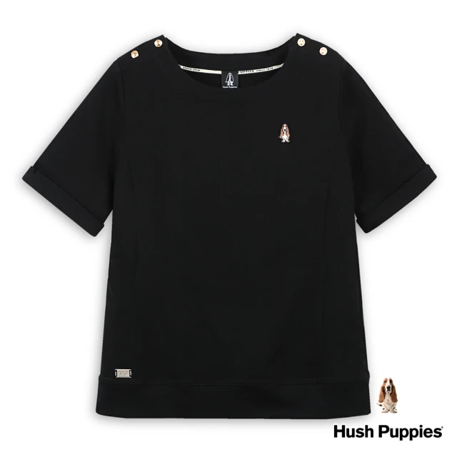 Hush Puppies 女裝 上衣 素雅肩釦飾袖反摺刺繡小狗上衣(黑色 / 43210202)