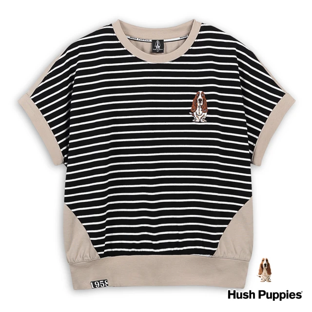 Hush Puppies 女裝 上衣 素雅落肩剪裁條紋刺繡狗短袖上衣(卡其色 / 43210204)