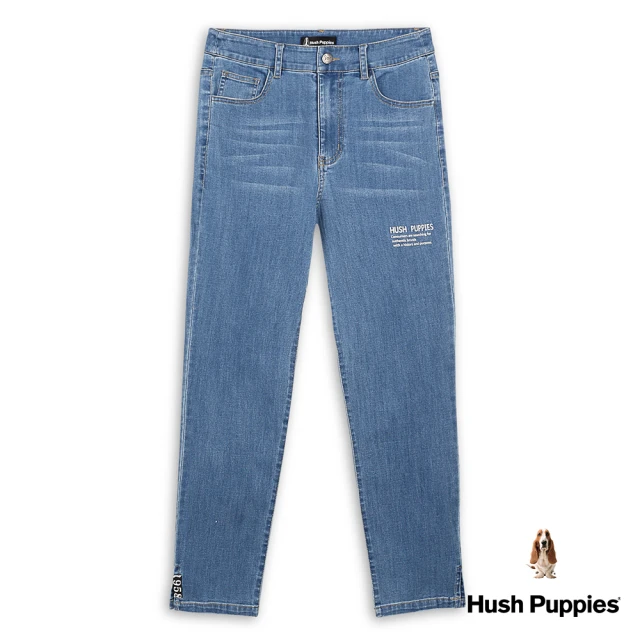 Hush Puppies 女裝 長褲 品牌英文印花斜開岔牛仔褲(深藍 / 43221101)