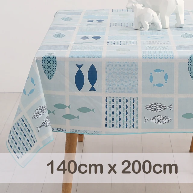 CasaBella 美麗家居 防水桌巾 藍魚方格 140x200cm(防水 防油 PVC 桌巾 桌布 野餐桌巾)