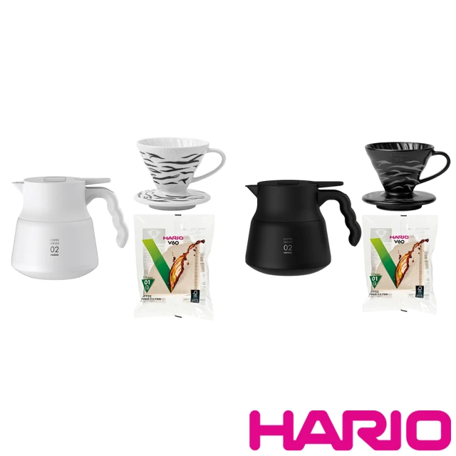 HARIO V60不鏽鋼保溫咖啡壺PLUS+限量虎紋濾杯+濾紙(黑色/白色)