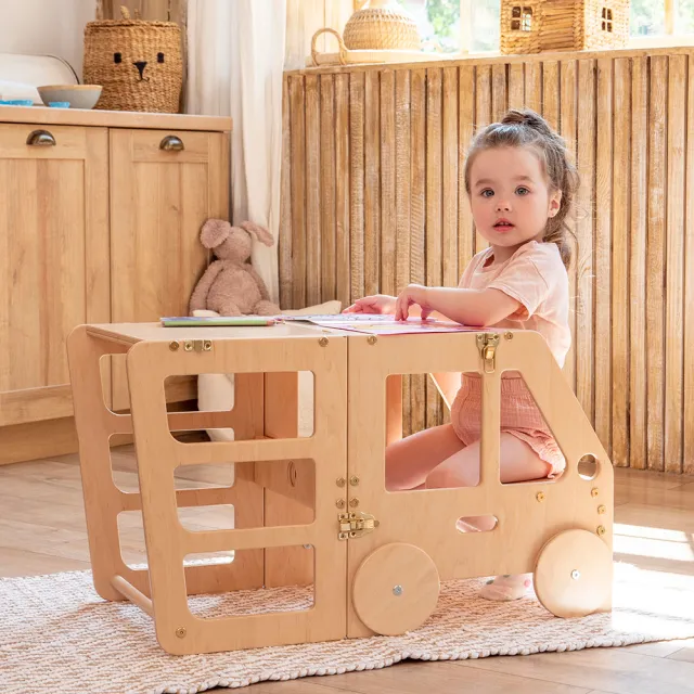 【Wood&Hearts】烏克蘭製 2way蒙式學習塔桌椅組 多款可選(廚房幫手椅 多功能 摺疊兒童桌椅)