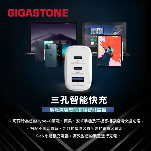 【GIGASTONE 立達】GaN 65W氮化鎵Type-C三孔快充充電器+C to C充電傳輸線(iPhone15/Macbook/Switch充電頭)