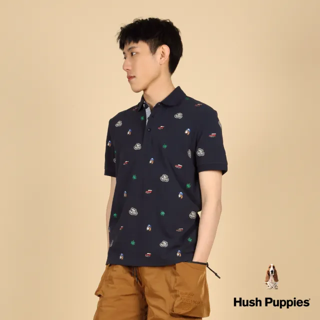 【Hush Puppies】男裝 POLO衫 滿版品牌趣味造型刺繡短袖POLO衫(丈青 / 43101104)