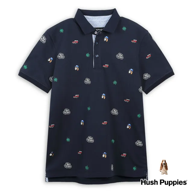 【Hush Puppies】男裝 POLO衫 滿版品牌趣味造型刺繡短袖POLO衫(丈青 / 43101104)