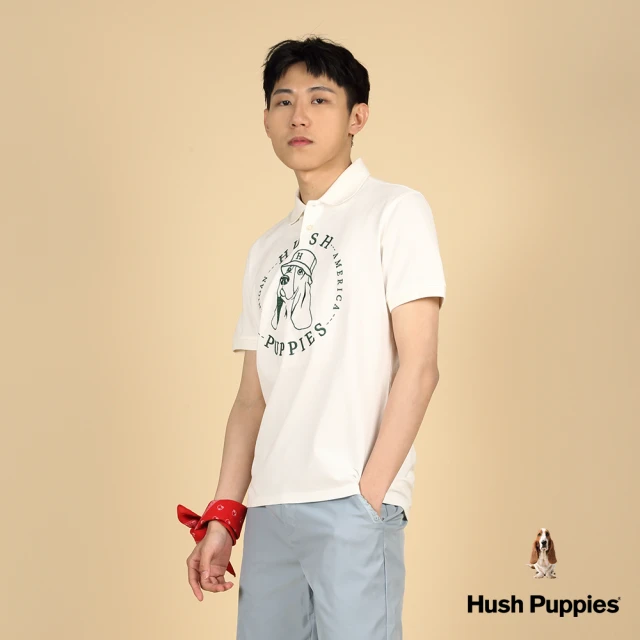 Hush Puppies 男裝 POLO衫 精緻漁夫帽狗刺繡寬版短袖POLO衫(米白 / 43101110)