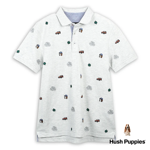 Hush Puppies 男裝 POLO衫 滿版品牌趣味造型刺繡短袖POLO衫(淺灰 / 43101104)