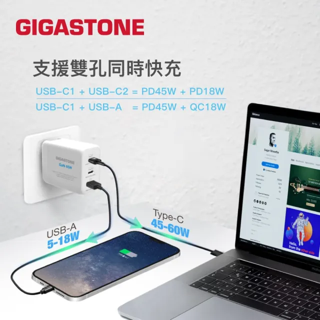 【GIGASTONE 立達】（雙入組）65W GaN氮化鎵Type-C三孔快充充電器PD-7650W(iPhone手機/MacBook/筆電充電頭)