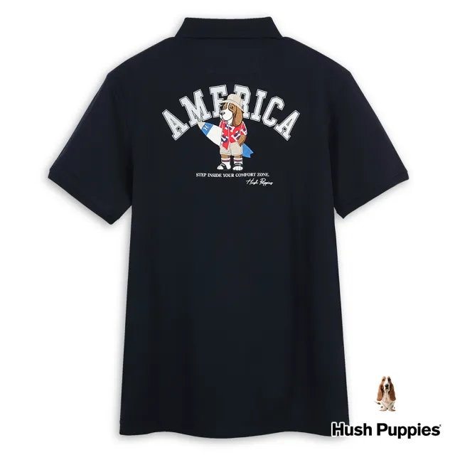 【Hush Puppies】男裝 POLO衫 趣味英文字印花度假衝浪狗寬版POLO衫(丈青 / 43101101)