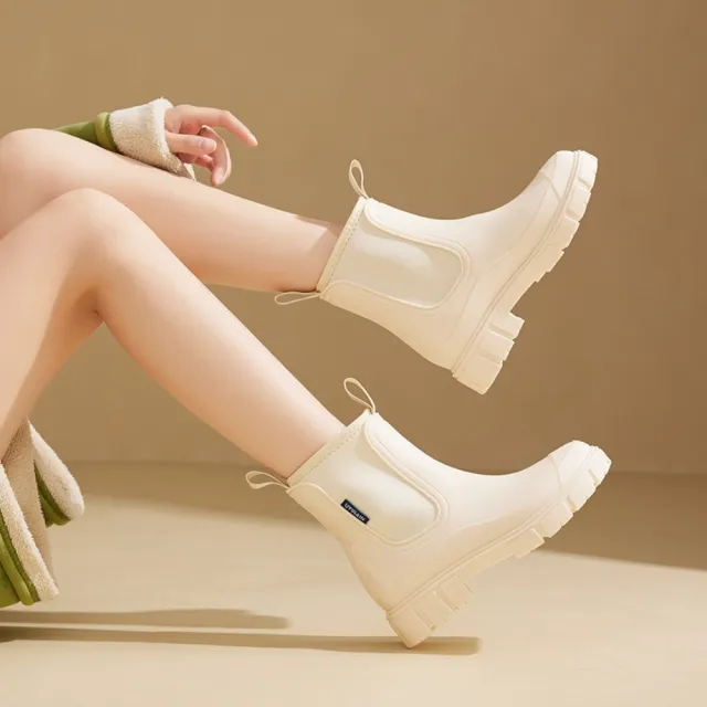 【baibeauty 白鳥麗子】日系素色拼接厚底切爾西靴(雨靴)
