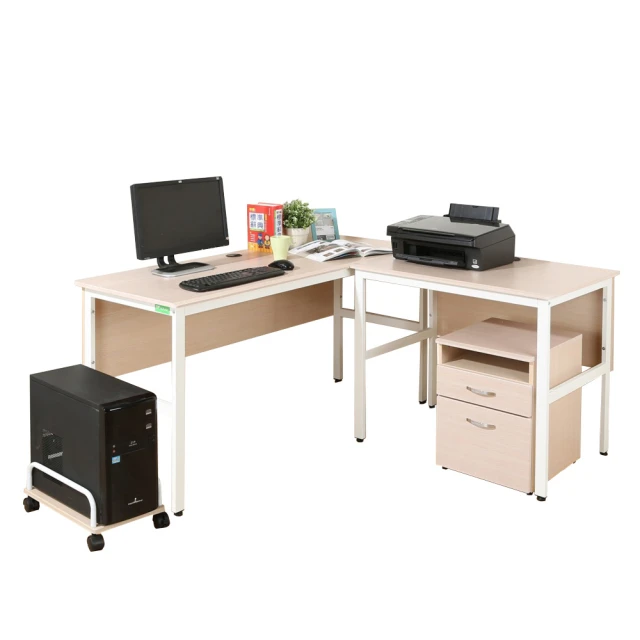 【DFhouse】頂楓150+90公分大L型工作桌+主機架+活動櫃 -楓木色