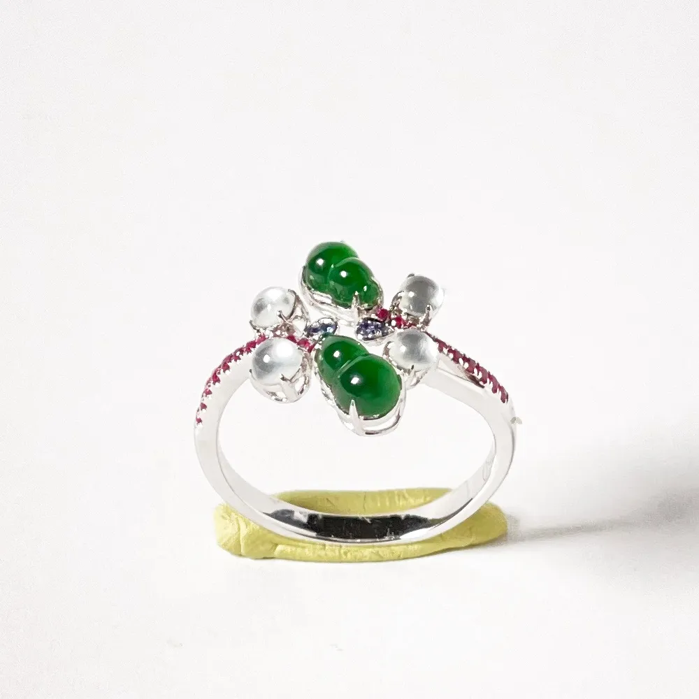 【Fubibaoding jeweler 富璧寶鼎珠寶】老坑玻璃種雙生綠葫蘆翡翠戒指(天然A貨 翡翠 送禮 戒指 國際圍#11)