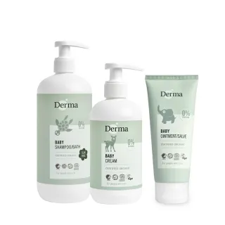 【Derma 丹麥德瑪】寶寶家庭洗護三件組-沐浴露500ml+護膚霜250ml+萬用膏100ml(洗髮沐浴兩用、乳液、嬰幼兒)