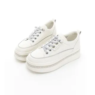 【GEORGE 喬治皮鞋】真皮免綁帶亮鑽 5CM厚底鞋 – 白 414013IG90