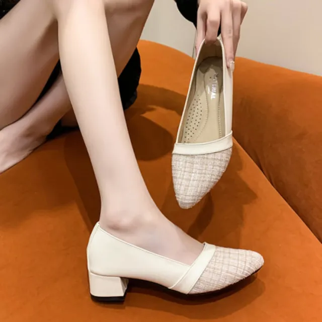 【baibeauty 白鳥麗子】MIT小香風毛呢斜口拼接低跟包鞋(尖頭鞋)