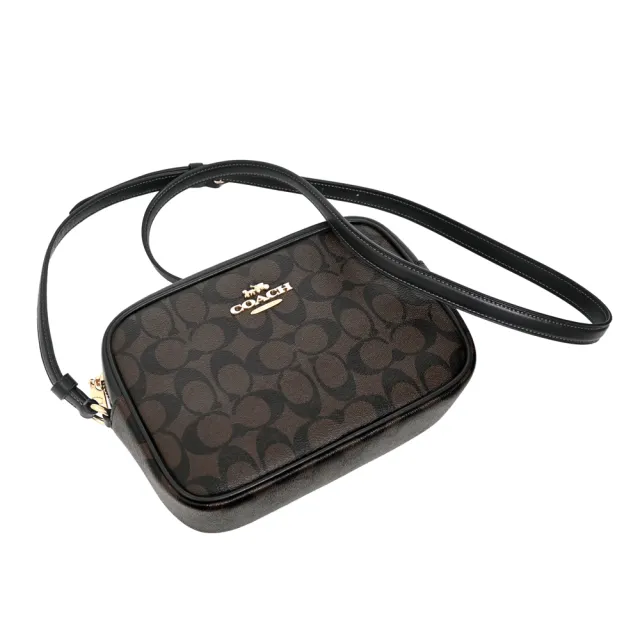 【COACH】PVC Logo金屬字牌斜背相機包(深咖黑邊/中款)