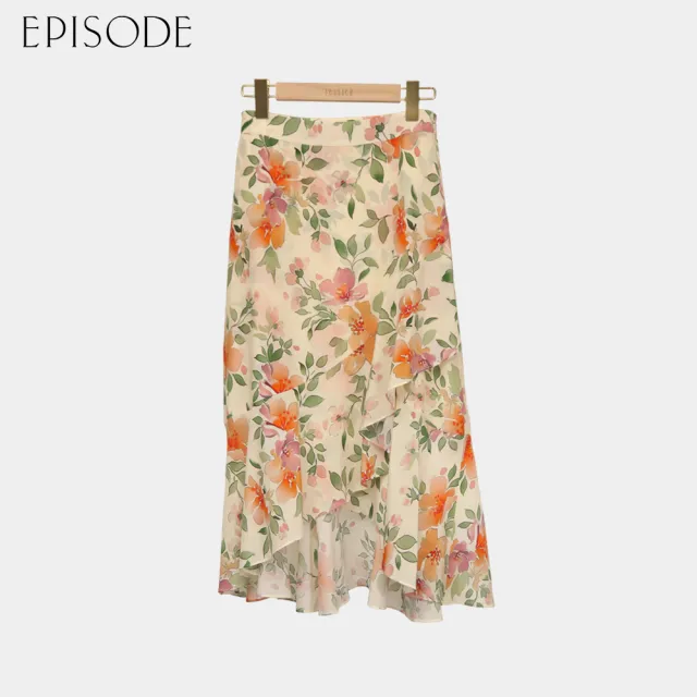 【EPISODE】柔軟蠶絲印花不規則荷葉邊長裙E43112（橘）