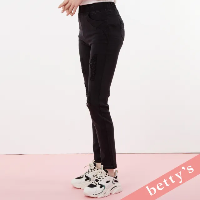 【betty’s 貝蒂思】腰鬆緊刷破修身牛仔褲(黑色)