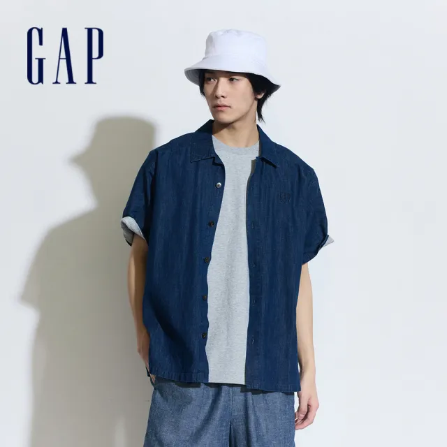 【GAP】男裝 Logo亞麻翻領短袖襯衫-多色可選(464288&461256&885844)