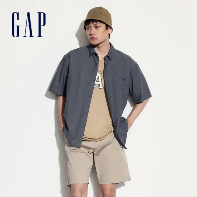 【GAP】男裝 Logo亞麻翻領短袖襯衫-多色可選(464288&461256&885844)