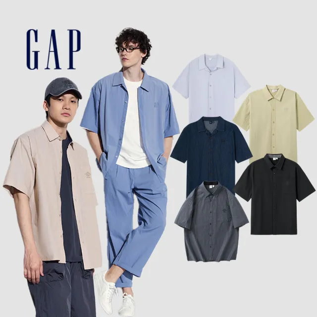 【GAP】男裝 Logo亞麻翻領短袖襯衫-多色可選(464288&461256&885844)