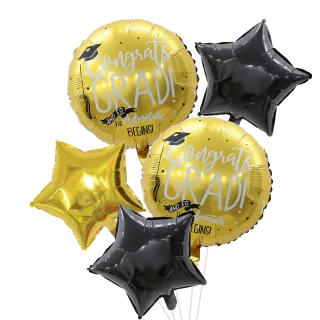 【六分埔禮品】18吋星型+圓形鋁質畢業氣球五件組-黑金(幼兒園國高中大學畢業典禮裝飾佈置畢業學士帽)