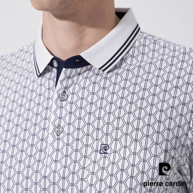 【pierre cardin 皮爾卡登】休閒服飾 男款 網眼印花短袖POLO衫-白色(5247268-90)