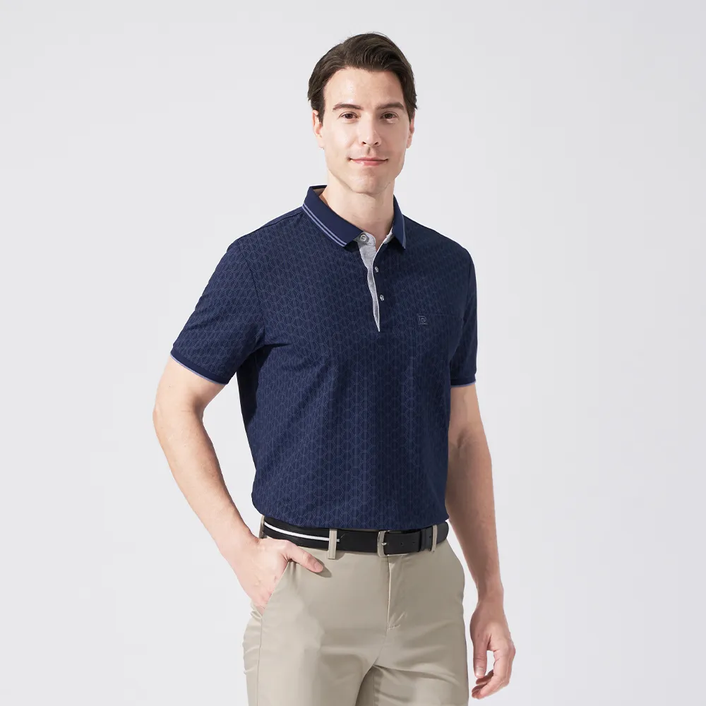 【pierre cardin 皮爾卡登】休閒服飾 男款 網眼印花短袖POLO衫-深藍色(5247268-38)