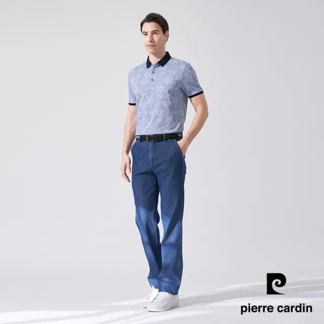 【pierre cardin 皮爾卡登】休閒服飾 男款 雙色網眼花朵印花短袖POLO衫-水藍色(5247256-35)