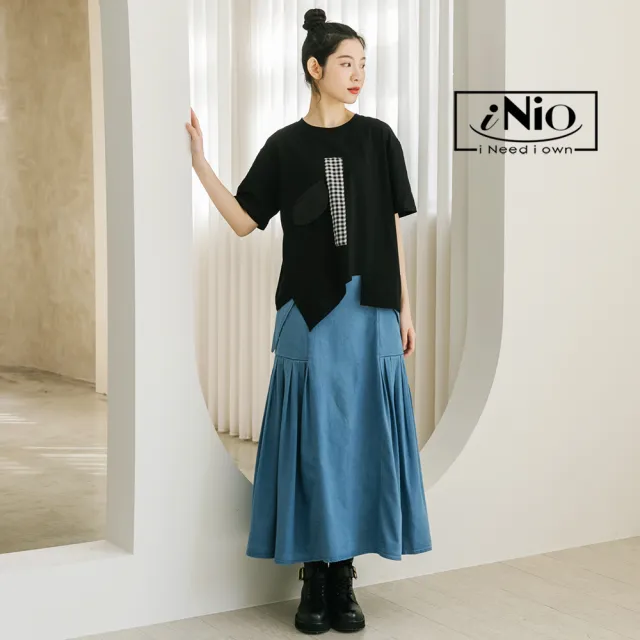 【iNio 衣著美學】長裙 春夏新品 現貨 後鬆緊腰 抓褶 棉質 牛仔裙(CDW2032)