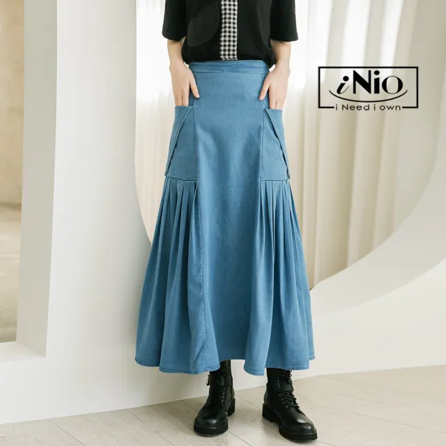 【iNio 衣著美學】長裙 春夏新品 現貨 後鬆緊腰 抓褶 棉質 牛仔裙(CDW2032)