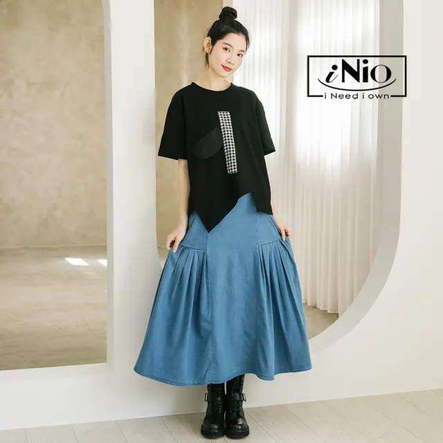 【iNio 衣著美學】長裙 春夏新品 現貨 後鬆緊腰 抓褶 棉質 牛仔裙(CDW2032)