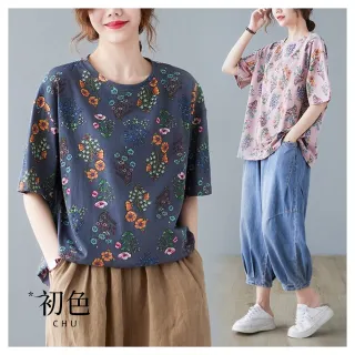 【初色】文藝風寬鬆休閒碎花圓領短袖T恤上衣女上衣-共3色-34657(M-4XL可選)