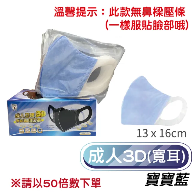 【淨新】3D醫療級成人寬耳立體口罩(50入/一盒/國家隊 防護醫療級/防飛沫/灰塵)