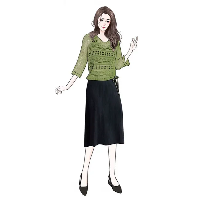 【Paiya 派亞】春夏新款女裝綠色洞洞衫☆空針織衫罩衫薄款蝙蝠衫連衣裙兩件套裙(均碼S-2XL可穿)